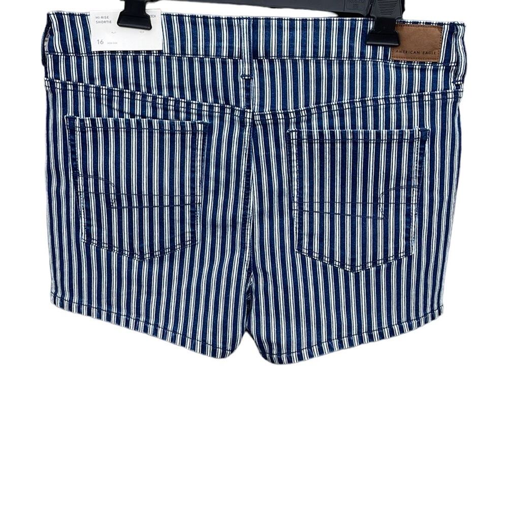 American Eagle Hi-Rise shortie blue & white striped jean shorts size 16 NEW - Picture 2 of 9
